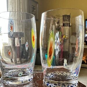 Roscher & Co. Pair Vintage Handblown Murano Colorful Floral Art Drinking Glasses